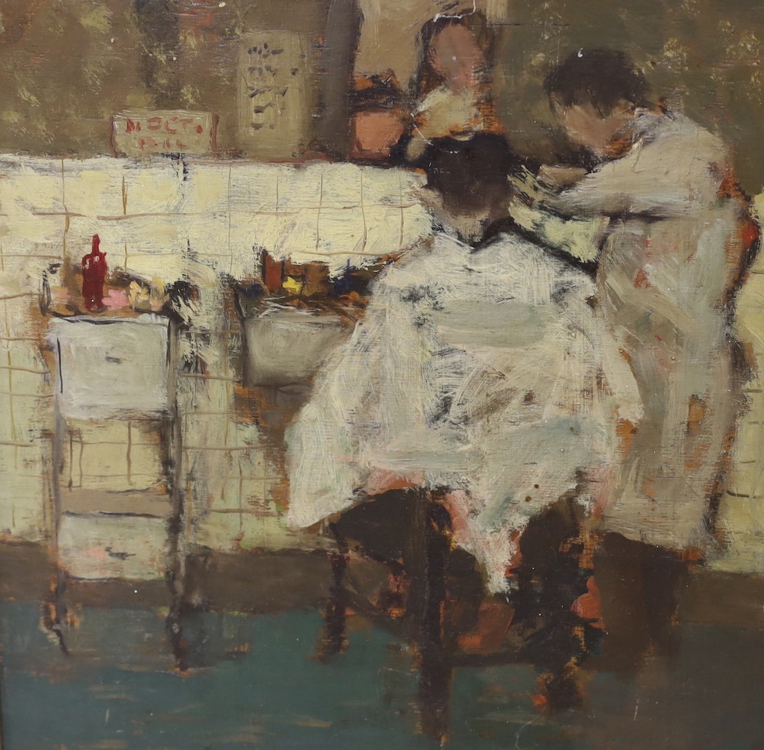 John Taylor (20th century British), oil on board, Street market, titled label verso, dated 1958, 58 x 41cms and another by the artist - Barbershop interior, oil on board, 30 x 20cms. (2)